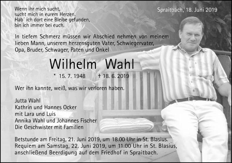  Traueranzeige für Wilhelm Wahl vom 21.06.2019 aus Gmünder Tagespost