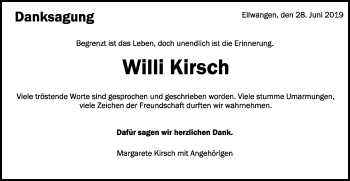 Traueranzeige von Willi Kirsch von Schwäbische Post