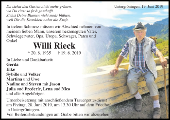 Traueranzeige von Willi Rieck von Gmünder Tagespost