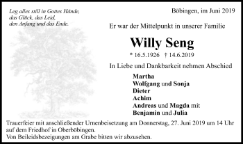 Traueranzeige von Willy Seng von Gmünder Tagespost