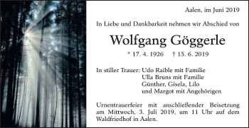 Traueranzeige von Wolfgang Göggerle von Schwäbische Post