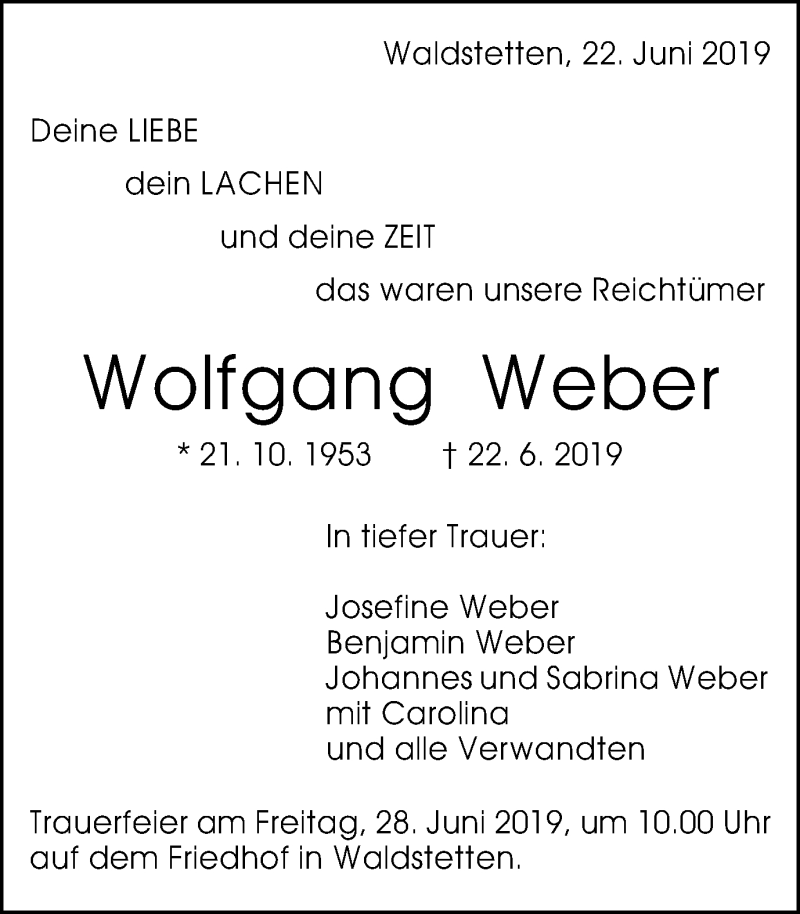  Traueranzeige für Wolfgang Weber vom 24.06.2019 aus Gmünder Tagespost