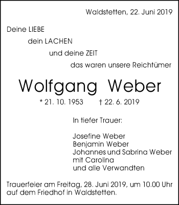 Traueranzeige von Wolfgang Weber