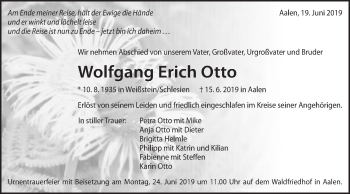 Traueranzeige von Wolfgang Erich Otto von Schwäbische Post