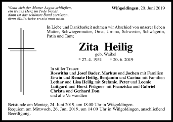 Traueranzeige von Zita Heilig