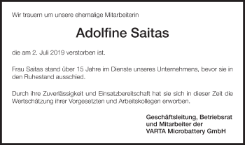 Traueranzeige von Adolfine Saitas von Schwäbische Post