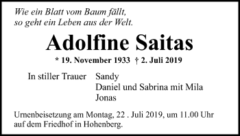 Traueranzeige von Adolfine Saitas von Schwäbische Post