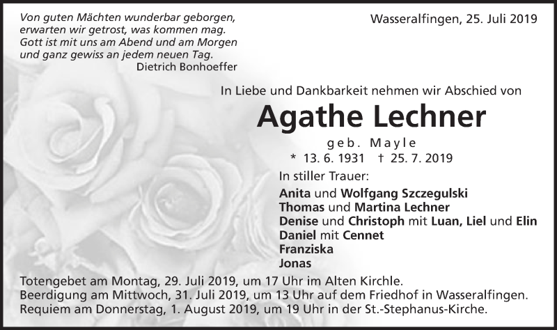  Traueranzeige für Agathe Lechner vom 27.07.2019 aus Schwäbische Post