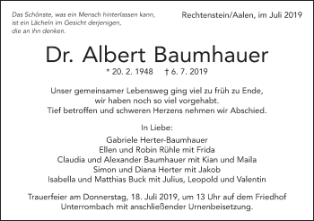 Traueranzeige von Albert Baumhauer von Schwäbische Post