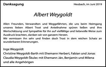 Traueranzeige von Albert Weygoldt von Gmünder Tagespost