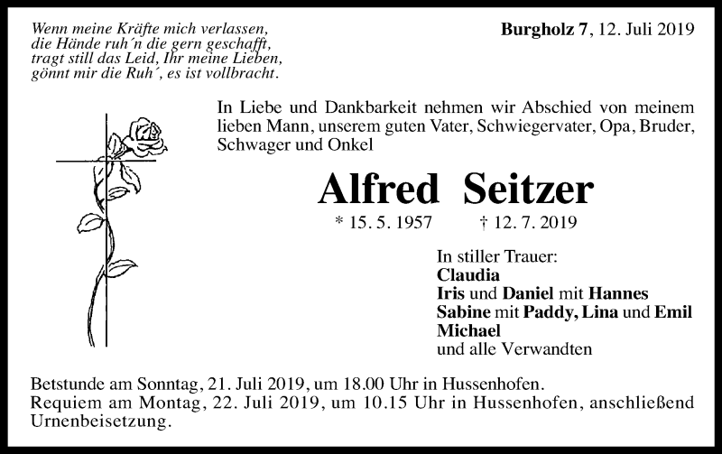  Traueranzeige für Alfred Seitzer vom 16.07.2019 aus Gmünder Tagespost
