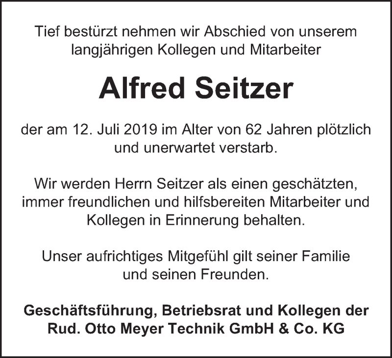  Traueranzeige für Alfred Seitzer vom 20.07.2019 aus Schwäbische Post