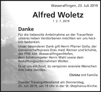 Traueranzeige von Alfred Woletz von Schwäbische Post