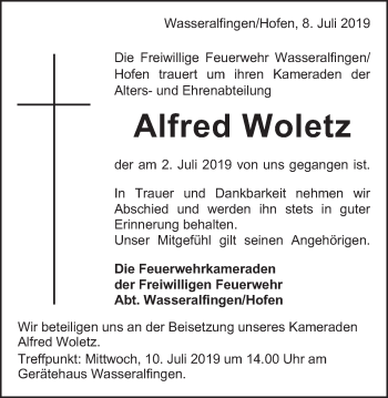 Traueranzeige von Alfred Woletz von Schwäbische Post