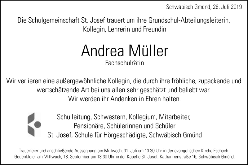  Traueranzeige für Andrea Müller vom 27.07.2019 aus Gmünder Tagespost