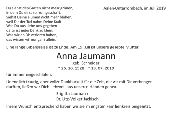 Traueranzeige von Anna Jaumann von Schwäbische Post