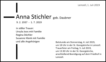 Traueranzeige von Anna Stichler von Gmünder Tagespost