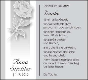 Traueranzeige von Anna Stichler von Gmünder Tagespost