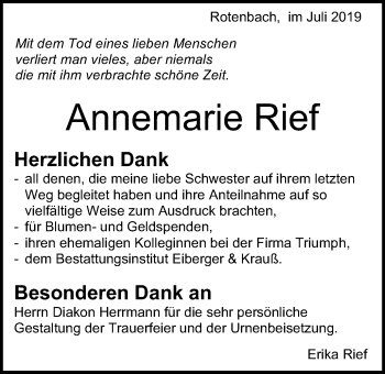 Traueranzeige von Annemarie Rief von Schwäbische Post