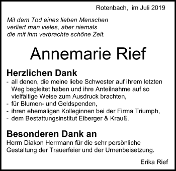 Traueranzeige von Annemarie Rief