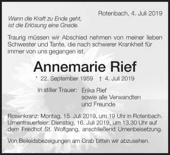 Traueranzeige von Annemarie Rief von Schwäbische Post