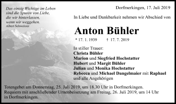 Traueranzeige von Anton Bühler von Schwäbische Post