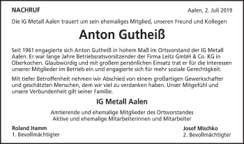 Traueranzeige von Anton Gutheiss von Schwäbische Post