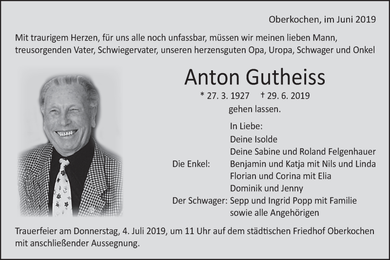  Traueranzeige für Anton Gutheiss vom 01.07.2019 aus Schwäbische Post