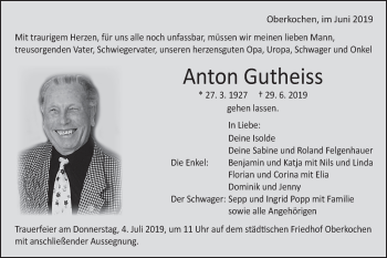 Traueranzeige von Anton Gutheiss von Schwäbische Post
