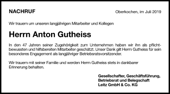 Traueranzeige von Anton Gutheiss von Schwäbische Post