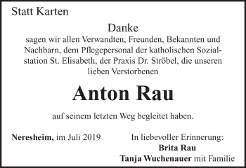 Traueranzeige von Anton Rau von Schwäbische Post
