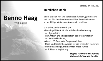 Traueranzeige von Benno Haag von Gmünder Tagespost