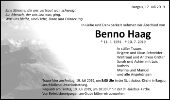 Traueranzeige von Benno Haag von Gmünder Tagespost