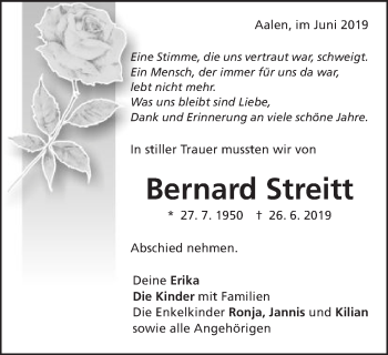 Traueranzeige von Bernard Streift von Schwäbische Post
