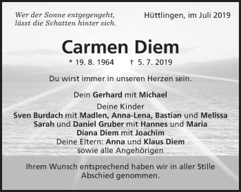 Traueranzeige von Carmen Diem von Schwäbische Post