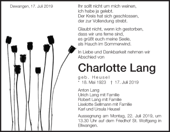 Traueranzeige von Charlotte Lang von Schwäbische Post