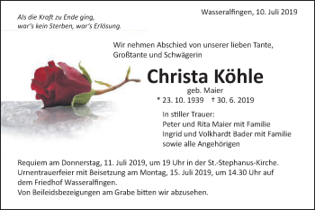 Traueranzeige von Christa Köhle von Schwäbische Post