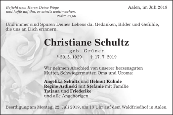 Traueranzeige von Christiane Schultz von Schwäbische Post