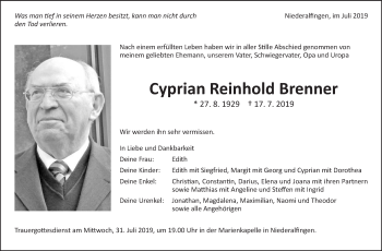 Traueranzeige von Cyprian Reinhold Brenner von Schwäbische Post