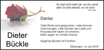 Traueranzeige von Dieter Bückle von Schwäbische Post
