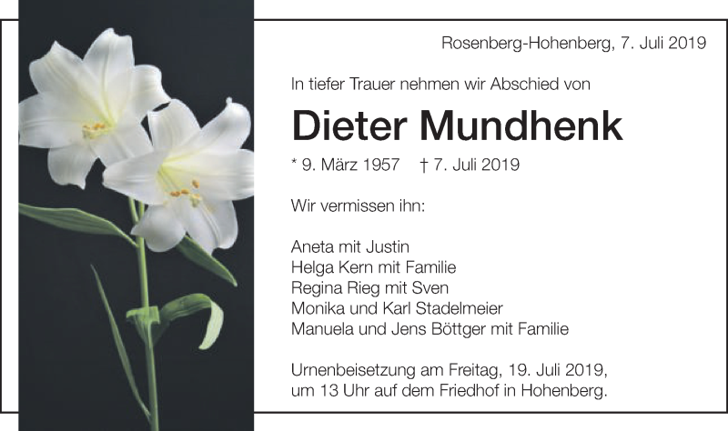  Traueranzeige für Dieter Mundhenk vom 15.07.2019 aus Schwäbische Post