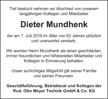 Traueranzeige von Dieter Mundhenk von Schwäbische Post