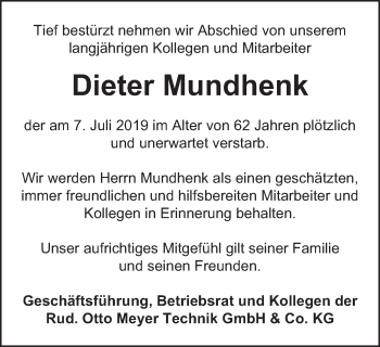 Traueranzeige von Dieter Mundhenk