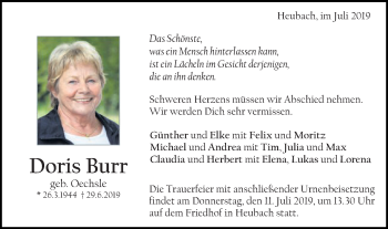 Traueranzeige von Doris Burr von Gmünder Tagespost