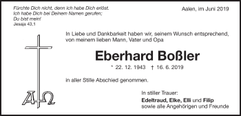 Traueranzeige von Eberhard Boßler von Schwäbische Post