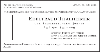Traueranzeige von Edeltraud Thalheimer von Schwäbische Post