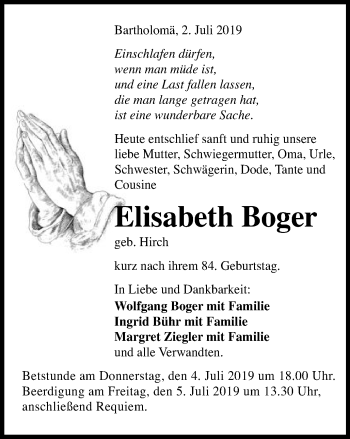 Traueranzeige von Elisabeth Boger von Gmünder Tagespost
