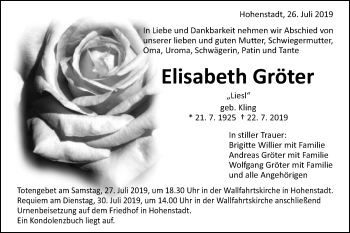 Traueranzeige von Elisabeth Gröter von Schwäbische Post