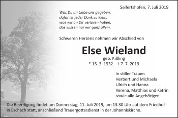 Traueranzeige von Else Wieland von Gmünder Tagespost