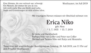 Traueranzeige von Erica Niko von Schwäbische Post